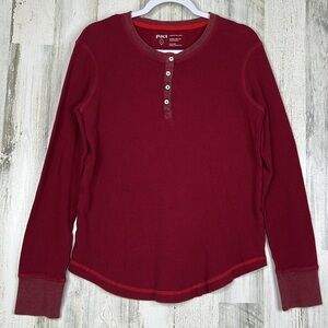 PACT Long Sleeve Waffle Knit Henley Shirt Womens Sz Large Red Organic Cotton Top
